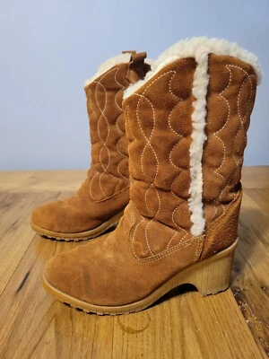 Botas de tacón vintage años 80 Sears talla 8 cuero acolchado forrado sherpa bloque 3" Foto 1 de 4