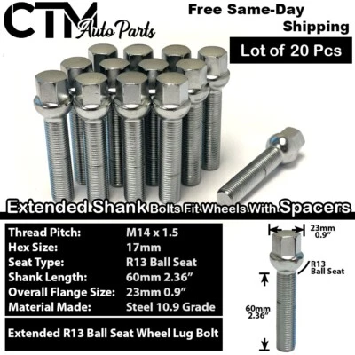 20x Audi Chrome 14x1.5 Ball Seat Lug Bolt 60mm Shank Fit Rim with 30-35mm Spacer - Image 1 of 4