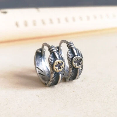 Antiqued Sterling Silver Small Feather Huggie Hoop Earrings Brass Bird Unique - Image 1 of 4