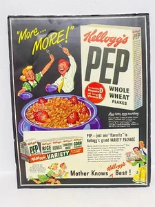 Letrero vintage de cereales paquete variado de copos de trigo integral PEP de Kellogg's (1949) - Imagen 1 de 4