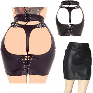 Sexy Lencería de Cuero PU para Mujeres Falda Trasera Abierta Mini Vestido Tanga Prendas para club nocturno BDSM - Imagen 1 de 11