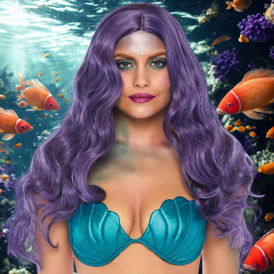 Peluca ondulada púrpura 29 pulgadas de largo con tapa de banda elástica ajustable Foto 1 de 4