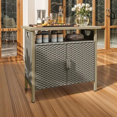 Mesa de Bar Exterior Marrón Patio Armario de Almacenamiento PE Aparador de Ratán con Dos Puertas Foto 1 de 4