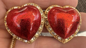 VICTORIA'S SECRET Vintage Red Enamel Rhinestone Clip-on Earrings Heart Jewelry - Bild 1 von 8