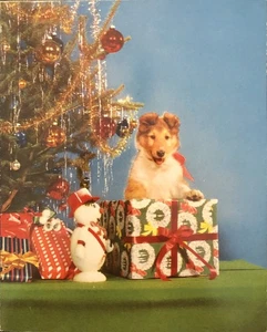 Vintage Weihnachtsgrußkarte Lametta Baum Geschenke entzückender Collie rote Schleife Schneemann - Bild 1 von 2