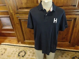 Dark Blue Tommy Hilfiger "H" Logo Solid Cotton Casual Polo Shirt Adult L NICE - Picture 1 of 8