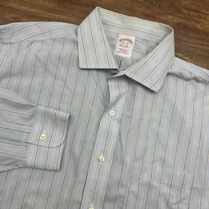 Brooks Brothers Mens Blue Brown Striped Button Up Shirt 16.5 32 Traditional Fit - Picture 1 of 8