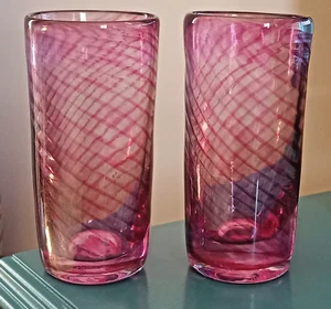 Set of 2 Ron Hinkle Hand Blown Glass Tumblers Cups Ruby Red Artisan Signed 2006 - Picture 1 of 9