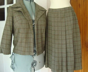 Vintage 60s Craig Craely AquaOlive Houndstooth Wool Pleat Skirt Suit Open Jacket - Picture 1 of 12