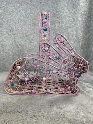 Vintage Easter Metal & Wicker Rabbit Shaped Basket  With Colorful Beads Cover