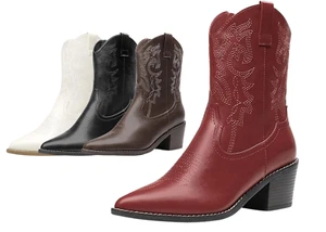 Women Western Ankle Boots Cowboy Boots Pointed Toe Chunky Heel Side Zipper New - Picture 1 of 17