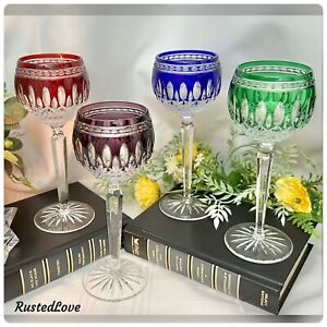 Waterford Crystal Claredon Wine Hock Glasses Ruby Red, Green, Purple, Blue - 4