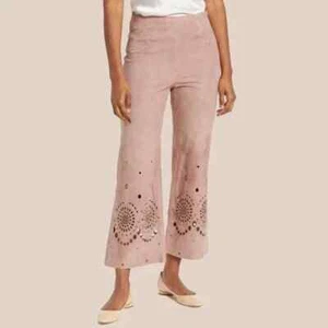 NEW Rebecca Taylor Women Wisteria Dusty Pink Laser Cut Suede Leather Pants - Picture 1 of 5