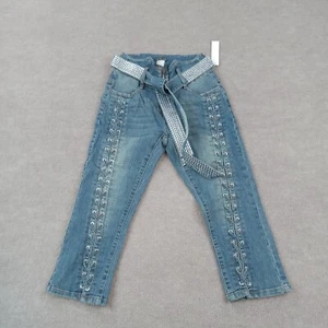 Venus Capri Jeans Womens 2 Rhinestone Belt Medium Wash Denim Stretch Lace Up - Picture 1 of 10