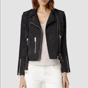 WOMENS ALLSAINTS TASSEL BIKER JACKET SUEDE Black SIZE 0 - Picture 1 of 8