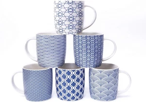 6er Set Keramik Kaffeebecher Schwarz Weiß Geometrisch Teetassen Blau - Bild 1 von 14