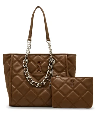 Steve Madden Katt 人造皮革绗缝托特包 带袋 马鞍 棕色 金色 — 第 1/4 张图片