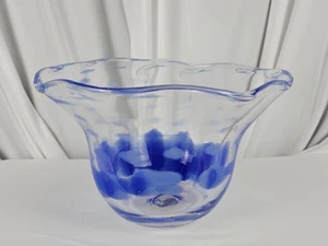 Murano Style Blue Spotted Ruffled Art Glass Vase Bowl Hand Blown Italy 7.5" - Picture 1 of 12
