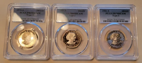 3 SBA Dollars 1979-S Type 2 & 1981-S Type 2 PR69DCAM, 1981-S Type 1 PR70DCAM Cover