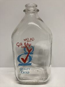 Blue Red Graphics Half Gallon Gilt Edge Farms Quality Checked Glass Milk Bottle