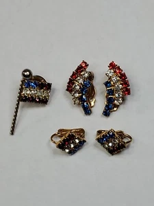 Vtg Red White Blue Gold Tone Fashion Earrings Clip On, Pin Patriotic 4th Of July - Picture 1 of 19