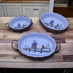 Spinnaker Snowman Serving Dishes Set of 3 With Baskets and Holiday Charms - Picture 1 of 13