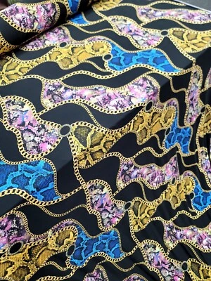 Blue Yellow Snake Animal Print Black Spandex Knit Fabric Stretch by Yard Pink - Image 1 of 4