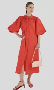 Oroton Poplin Shirt Dress Red Size AU 814 US 10 Button Down Midi No belt - Picture 1 of 13