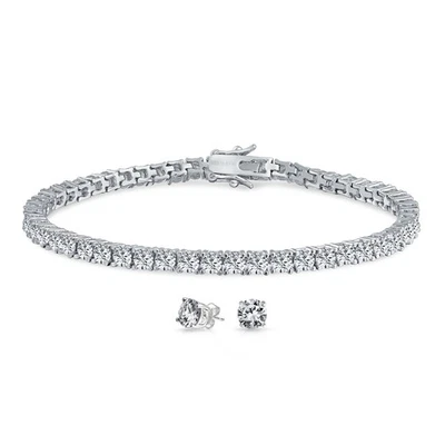 Bridal Jewelry Set 1CT Solitaire Earrings and 10CT CZ Tennis Bracelet Silver - Image 1 of 4