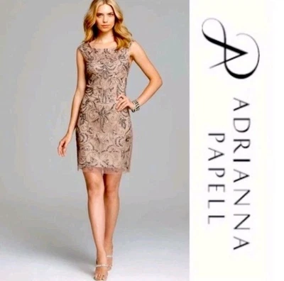Adrianna Papell Nude Sequin Beaded Cocktail Dress Sz 8 Gatsby Glam Ornate Formal - Image 1 of 4