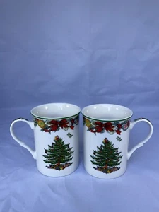 2 New SPODE CHRISTMAS TREE COFFEE CUPS in BOX c1938 - Picture 1 of 10