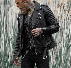 Men's Genuine Black Sheepskin Leather Quilted Slim Fit Motorcycle Biker Jacket - Picture 1 of 5