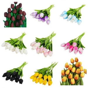 10x Artificial Tulips Flowers 35cm Stem Bouquet Fake Flower Wedding Bridal SET B - Picture 1 of 10