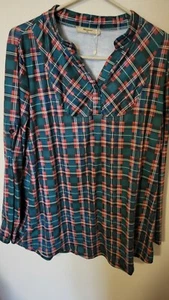 Miusey XL Henley Night Gown Green Red Flannel Rayon 35 L 27 Across Front C - Picture 1 of 24