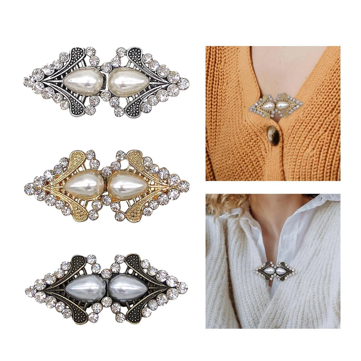 12er-Set Cardigan-Clips: Perlen-Pins Für Kleidung, Schals & Tücher – Vintage-Style In Champagner, Grau & Weiß
