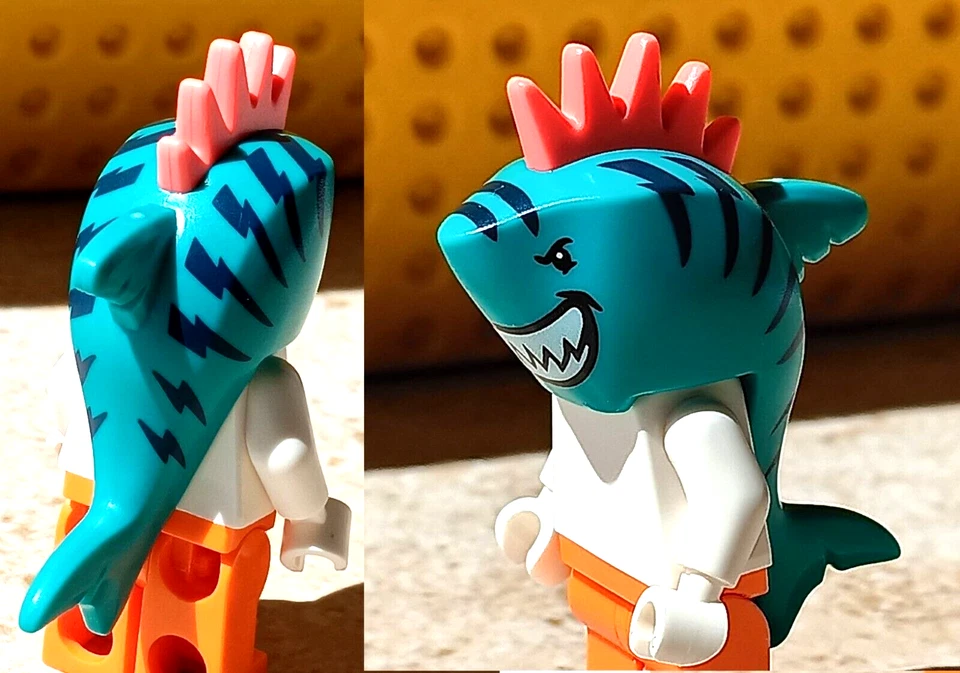 LEGO Mohawk Cabeza de Tiburón con Cola Rayas TIGRE TIBURÓN Disfraz DIENTES Impreso Neón Foto 1 de 1