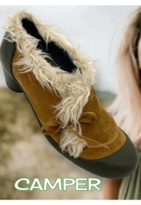CAMPER Minie Musgo Tan Suede Faux Fur Trim and Bow Shoe Size 10 NWB - Picture 1 of 8