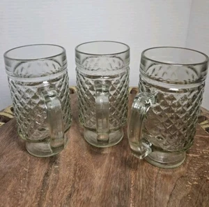 Set Of 3 VTG Diamond Quilt Glass Footed Handled Drinking Glasses Tumblers Mugs - Picture 1 of 11