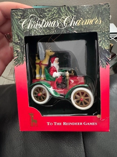 Santa’s Best Christmas Charm Ornament • Santa Driving Vintage Car w/ Reindeer •