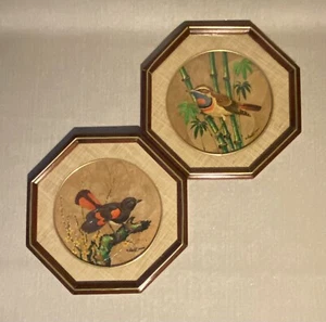 2 Vintage Bird Oil Paintings on Leaves Signed Octagon Frames Burlap Matted 10.5” - Picture 1 of 16