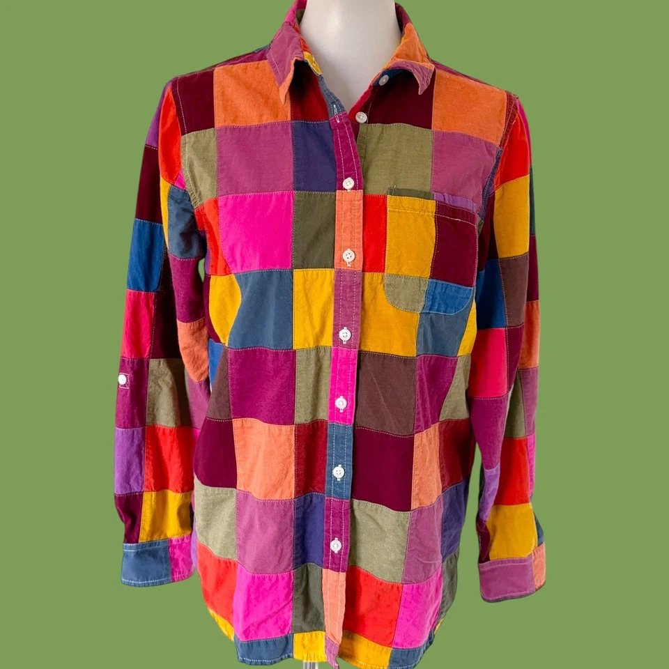 Camisa con botones Lands End para mujer mediana 10 12 retazos bloques de colores Rolltab algodón Foto 1 de 4