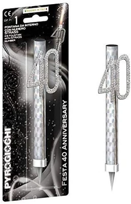 Candela Fiaccola 40 anni - Fontana per Torta con numero glitterato Argento - Immagine 1 di 2