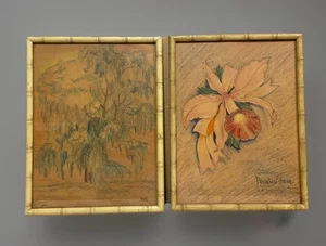 Vintage Pair 9x12” Original Pencil Drawings, Signed - W/Bamboo Style Frames - Picture 1 of 7