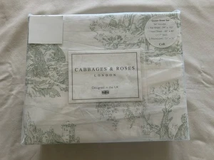 NEW 4pc Cabbages & Roses Queen Sheet Set COUNTRY TOILE - SAGE GREEN on White - Picture 1 of 5