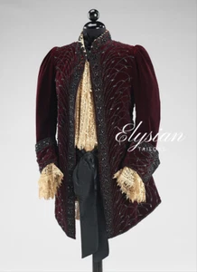 Regal Burgundy Velvet Embroidered Coat with Beaded Detailing and Lace Cuffs - Picture 1 of 6