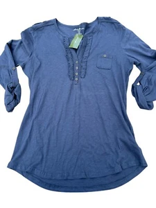 Eddie Bauer Blue Shirt V Neck Tab Sleeves Buttons Size M NWT - Picture 1 of 4