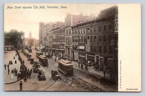 c1905 Worcester Mass -Handcolored Postcard Busy Main St Cars Horse Buggy Trolley - Picture 1 of 2