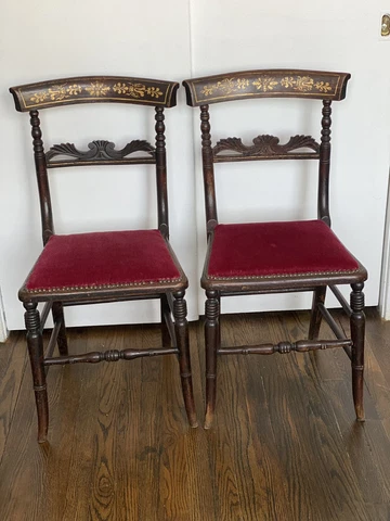 ANTIQUE ENGLISH 2 SET OF BEAUTIFUL HAND CARVED CHAIRS  with RED VELVET SEATS Cover