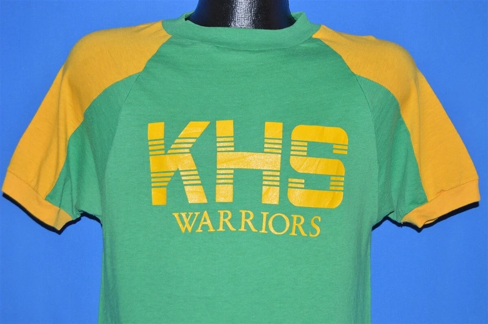 vintage 70s KHS WARRIORS GREEN YELLOW BLUE BAR CHAMPION JERSEY t-shirt MEDIUM M - Image 1 of 4