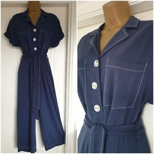 *FABULOUS* Vintage 1940s Style Wide Cropped Leg Blue Siren Suit Jumpsuit Size 10